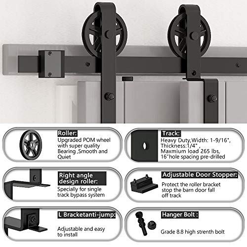 Skysen 7Ft Heavy Duty Sliding Barn Door Hardware Single Track Bypass Double Door Kit Black(Bypass Spoke Wheel-1) #TOP3