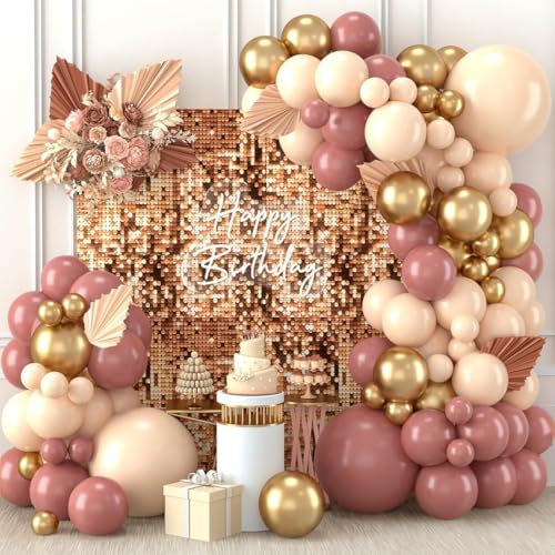 Image of 67 Pcs Retro Dusty Pink Cream Beige Balloons with Rose Gold Chrome Balloons Arch Garland Kit for Welcome Wedding Birthday Anniversary Party Decorations (DP 2)