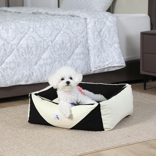 Image of Cotton Canvas Dog Bed, Cute Dog Beds for Small Dogs, Puppy Bed with Washable Removable Cover, Durable 290 GSM Cotton Anti-Chewing Pet Bed with Anti-Slip Bottom (24 inchx20 inchx8 inch, Black&White)