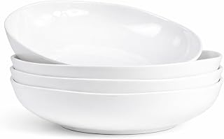 9 Inch Organic Shape Melamine Pasta Bowls Set of 4, 46 oz White Modern Salad Soup Dinner Bowls, Lightweight Shatter-Resistant Bowls for Indoor Outdoor Everyday Dining