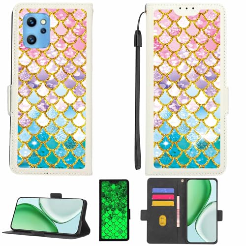 Kinetijy Case Compatible for Umidigi Power 7 Phone Case Flip Cover [with Tempered Glass Screen Protector][RFID Blocking][Gold Glitter+Luminous] LPT-YL
