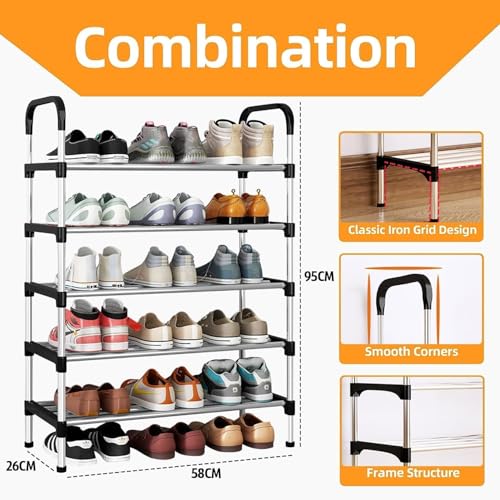 سكاي-تاتش رف احذية، منظم خزانة الاحذية، تخزين احذية من 5 طبقات مع 5 ارفف شبكية، ارفف احذية قائمة بذاتها، للمدخل والخزانة، اسود، 58 × 26 × 95 سم