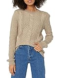 Cable Stitch Women's Mixed Cable Knit Sweater - Classic Fit Crewneck Long Sleeve Shirred Shoulder Pullover Top (Medium, Taupe)