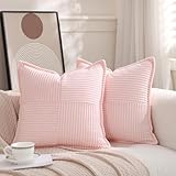 Puncuntex Corduroy Light Pink Throw Pillow Covers Set of 2 Boho Decorative 18×18 Inch,Super Soft Pillowcase Cozy Striped Texture Cushion Cover for Couch,Sofa,Farmhouse,Living Room