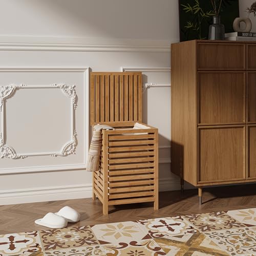 [en.casa] Wäschekorb Jystiand Wäschesammler 64 L mit Deckel und herausnehmbarem Wäschesack Wäschebox 57 x 40 x 40 cm Wäschetonne Lamellenoptik Bambus Natur