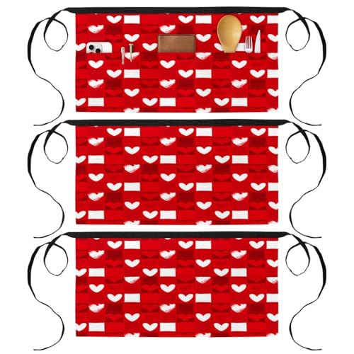 Lot de 3 tabliers courts de chef avec 3 poches à motif cœur rouge