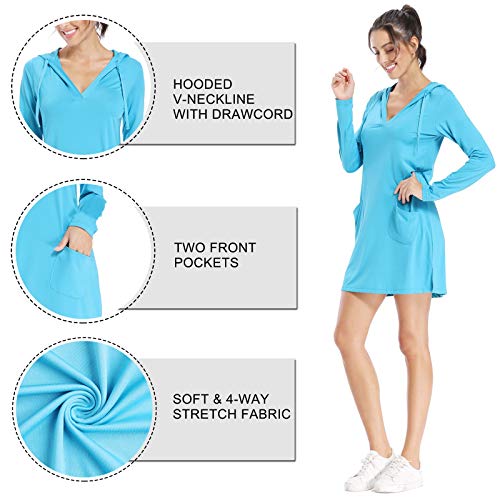 Willit Women's UPF 50+ Cover-Up Dress SPF Long Sleeve Shirt Dress Sun Protection Hiking Beach Blue XL
