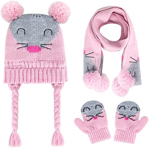Hicdaw Toddler Winter Hat Scarf Gloves Set Baby Winter Hat Knit Beanie Hat Polar Fleece Warm Hat Cap for 1-4 Years Old Kid Boys Girls