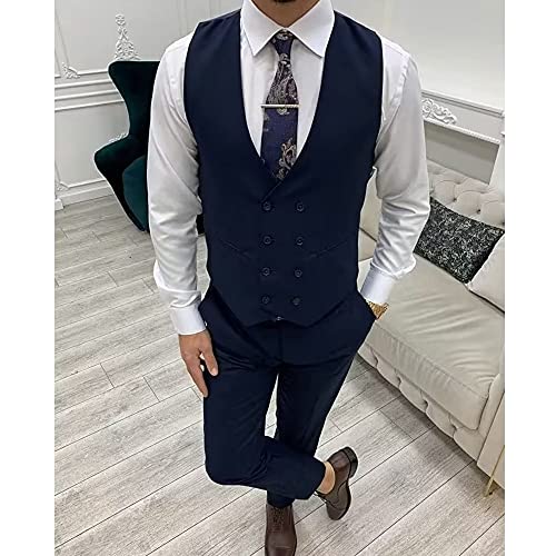 Men's Suit 3 Piece Slim Fit Double Breasetd Vest Blazer Pants Prom Suits Beige3