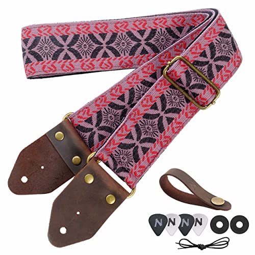 Image of Nefelibata Guitar Strap,Jacquard Embroidery Cotton Guitar Straps with Crazy Horse Leather Leather Ends for Bass, Electric & Acoustic, Best Gifts for Kids, Guitarists(Embroidered red)