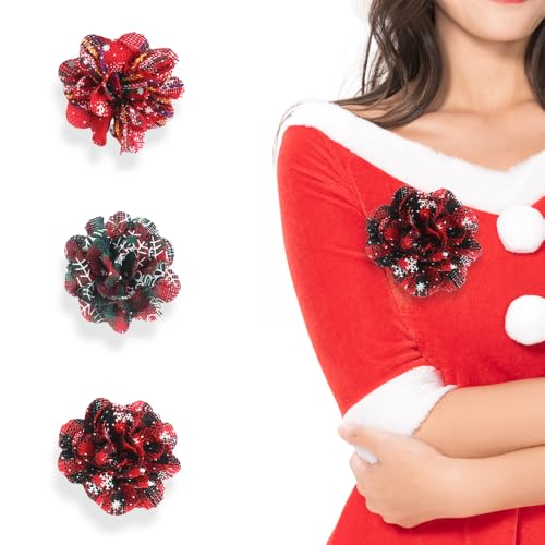 Image of XGALBLA 3 Pcs Dainty Terylene Satin Fabric Christmas Rose Flower Brooches Sets 6mm /8mm /10mm /15mm Extra Big Camellia Flower Brooches Lapel Pins for Women Christmas Wedding Party Dance Dress Clothes Accessories Valentine's Day Jewelry