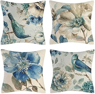 OCEUMACO Linen Cushion Covers 45 x 45 cm for Sofa Set of 4 Square Floral Teal Throw Pillow Cases 18x18 Inches Outdoor Flowers Birds Cushion Cover Pack for Home Decor - Duck Egg Blue