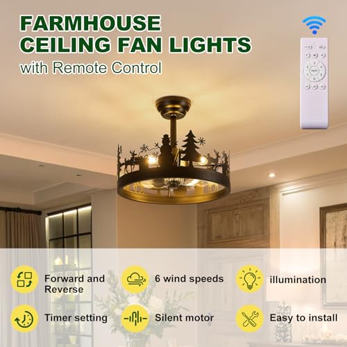 Image of Farmhouse Rustic Ceiling Fan with Light, Black Caged Ceiling Fan with Deer and Snowman Design, Vintage Chandelier Ceiling Fan for Bedroom Living Room Kitchen