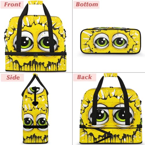 Large Weekender Overnight Bags Yellow Strange Eyes Travel Duffel Bag for Women Men Gym Bag With Shoe Compartment Foldie Travel Tote Bag Carry On Personal Item Bag for Travel Gym Sports2