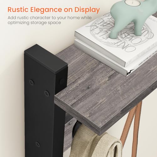 Image of Homode Wall Hooks With Shelf, 24 Inch Coat Rack Wall Mount for Entryway, Clothes, Backpack, Key, Purse - Floating Shelf Hanging in Bathroom, Bedroom, Hallway, Rustic Grey