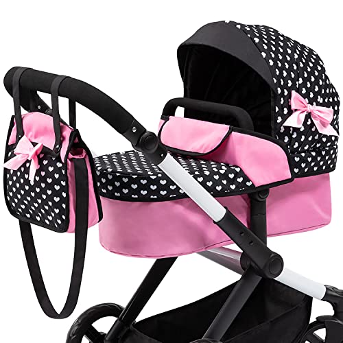 Bayer Pram Xeo Reborn Doll Stroller, Black & Pink Hearts with Matching Handbag, Convertible Jogger, Ages 3+ by Bayer - Image 7