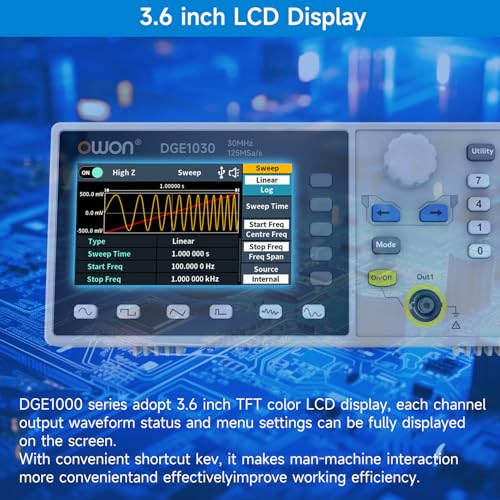 OWON DGE1030 Signalgenerator - Ein-Kanal Funktionsgenerator, 30 MHz Frequenzausgabe, 125 MSa/s Abtastrate, 14-Bit Auflösung, 3.6\ TFT-Farb-LCD, Unterstützt SCPI und LabVIEW