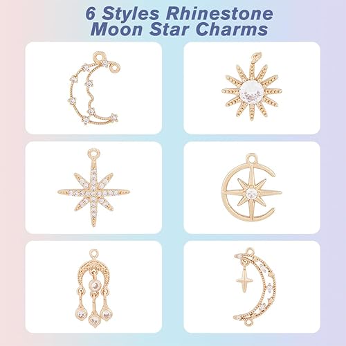 Miniatura 3 de DICOSMETIC 24 dijes de 6 estilos de diamantes de imitación de estrella y luna, circonitas cúbicas chapadas en oro claro, colgantes de luna