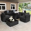 Vakollia 8 Pieces Patio Furniture Set with 44" Propane Gas Fire Pit Table, Outdoor Sectional Wicker Conversation Sofa Sets with Coffee Table