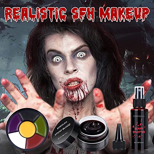 BOBISUKA-Demonic-Special-Effects-SFX-Halloween-Makeup-Kit-5-Colors-Bruise-Makeup-Face-Body-Painting-Palette-Scar-Wax-with-Spatula-Tool-Fake-Blood-Splatter-Spray-Fake-Blood-Cream-Stipple-Spong