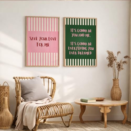 Image of Suneree Aesthetic Quote Wall Art Set of 2 Framed Paintings | Pink Green Striped Typography Poster | Couple Bedroom Living Room Home Decor (Art 5, 10x13 Inches)