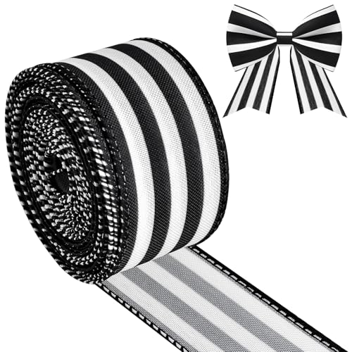 MuRealy Black White Striped Wired Ribbon - 1.5 Inch x 10 Yards Premium Craft Ribbon for Gift Wrapping Christmas Decor & Bow Making | Fade-Resistant Flexible Wire