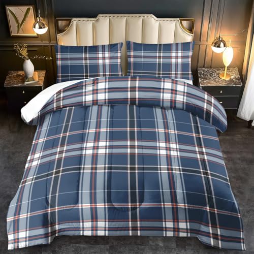 llyxsesty Blue Grid Comforter Set Twin Teens Plaid Design Bedding Set for Boys Gingham Comforter Twin Girls Quilt Plaid Bedroom Decor Grid Checkered Bedding Bed Decor