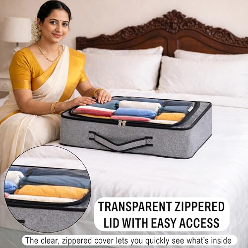 Image of Storite Small Foldable Underbed Storage Bag - Clothes Comforters Breathable Zippered Organizer for Bedroom with Transparent Window and Carry Handles (60x30x15 cm - Grey)