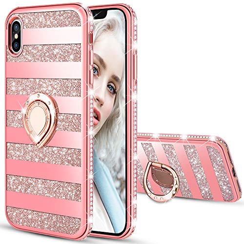 Maxdara Case for iPhone Xs Max Glitter Case Striped Ring Grip Holder Kickstand with Bling Sparkle Diamond Rhinestone Bumper Luxury Pretty Fashion Girls Women XS Max Case 6.5 inch (Stripe-Rosegold)