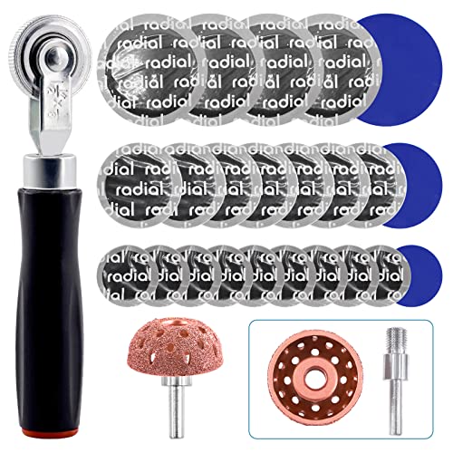 Cimeton Kit de herramientas de reparación de neumáticos, rodillo de parche de neumáticos con rueda amortiguadora de neumáticos y parches de reparación de neumáticos para automóviles, camiones,