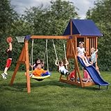 Sportspower Applewood Cedar Wooden Swing Set, Double A-Frame with 32″ 2-Person Saucer Swing & Sling Swing, 6ft Wavy Slide, Covered Play Fort with Rock Wall, Chalkboard, Sandbox Area & Basketball Hoop