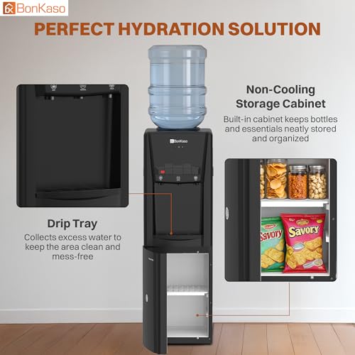 Image of BonKaso Top Loading Hot, Cold & Normal Water Dispenser | 20L Non-refrigerated Cabinet | Food-Grade ABS Body, LED Indicator, Child Lock, Removable Drip Tray | 1 Year Warranty | Black