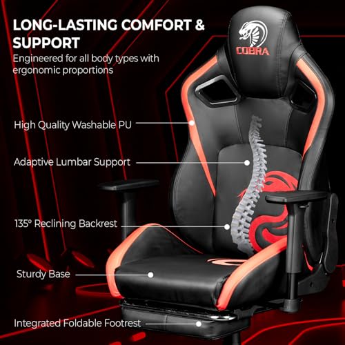 Image of NiTHO COBRA GM Gaming Chair Ergonomic Office Chair | Reclining Computer Desk Chair with 3D Adjustable Armrests, 135 Backrest Tilt, Retractable Footrest, Class 4 Gas Lift, Heavy Duty Base, Red & Black