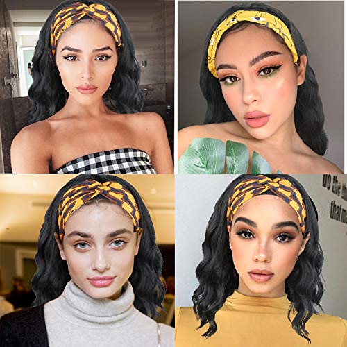 Oseti Short Curly Headband Wigs For Black Women Black Wavy Wigs With Headbands Attached Body Wave Wig Head Wrap Wigs With Ice Silk Turban Synthetic Headband Wigs For Women Short Loose Bob Wig 14Inch #TOP1