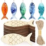 Gerrii 72 Pieces Wood Fish Cutouts Christmas Unfinished Wooden Cutouts with Holes Blank Wooden Hanging Ornaments Slices with Twine for Xmas DIY Crafts Party Decorations