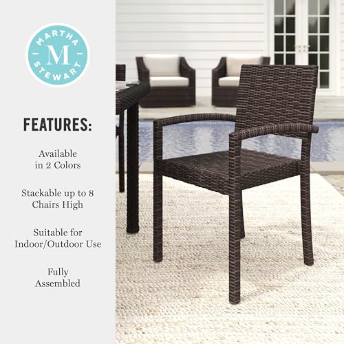 Martha Stewart Bedford Indoor-Outdoor Stackable Patio Armchairs with Rattan Wicker Finish in Brown, Set of 2 - Image 8