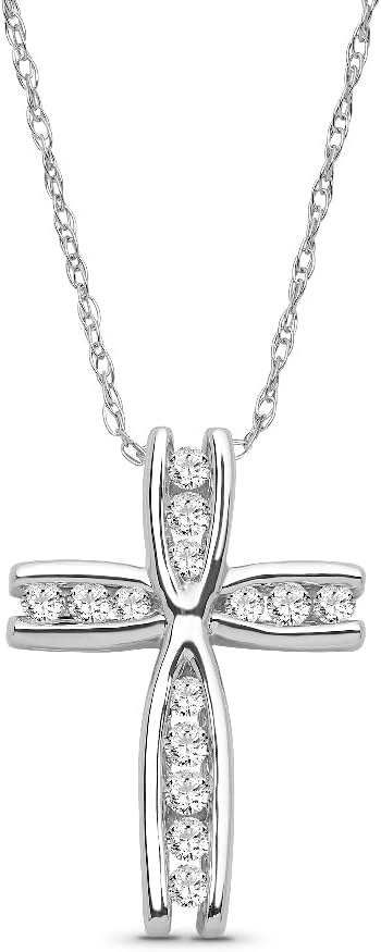 1/4 Carat Round Diamond Cross Pendant | 10K, 14K White, Yellow, Rose Gold or Silver Cross Pendant Gold Plated Silver Rope Chain Necklace 18 inch | I-J color and I2-I3 Clarity