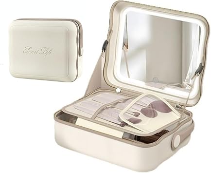 Makeup Bag with Mirror 3 Colors Light, Portable Travel Cosmetic Case EVA Waterproof, Expandable Detachable Organizer for Brushes, Skincare, On-The-Go Use White