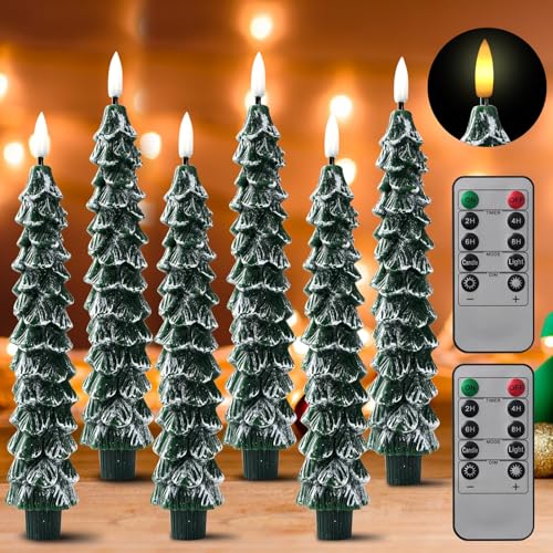 Image of Flameless Christmas Tree Candles with Remote - 6 Pack Battery Operated Snowy Tree LED Candles, Realistic 3D Flickering Flame, Safe Holiday Home Decor for Christmas Decorations & Gifts