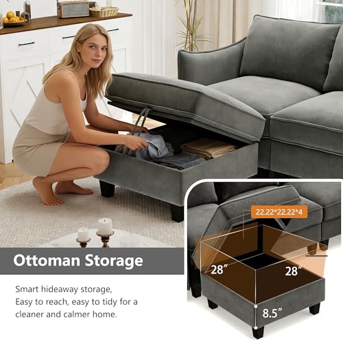 Image of Ihanherry 85.8 inch Modular L-Shaped Sectional Sofa, Modern 4-Seat Cloud Couch with Storage Ottoman, Comfy Chenille Convertible Furniture Set for Living Room, Apartment, Easy Assembly, Dark Grey