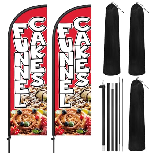 Image of Remagr 2 Pack Funnel Cakes Feather Flag 7 ft Advertising Swooper Flag Sign Windless Banner Sign with Pole Kit and Ground Stake for Businesses Restaurants Outside Ground