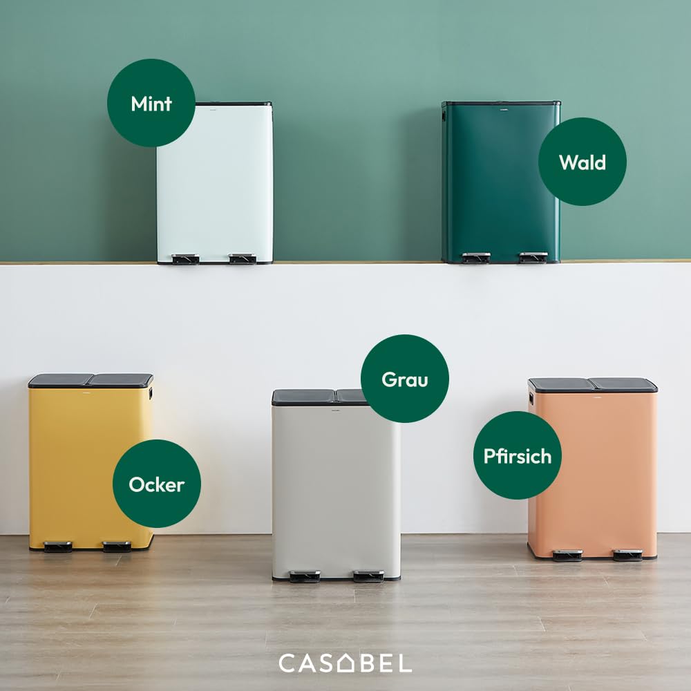 CASABEL Mülltrennung Mülleimer 60L, Küchenmülleimer 2x30L mit Pedal, fingerabdruckfreier Edelstahl, Doppelkammern, herausnehmbare Eimer, Griffe, leise Deckel, Mintgrün