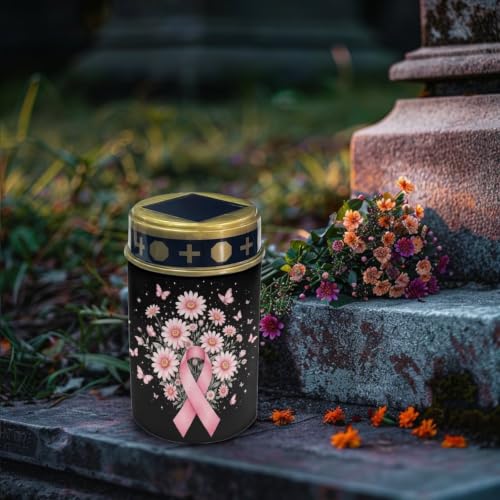 Image of Poceacles Solar Lights Outdoor Grave Candle for Cemetery Decoration Solar Outdoor Lights for Garden Lawn Backyard Pathway Decor, Pink Ribbon Daisy Butterfly Black, Set of 4