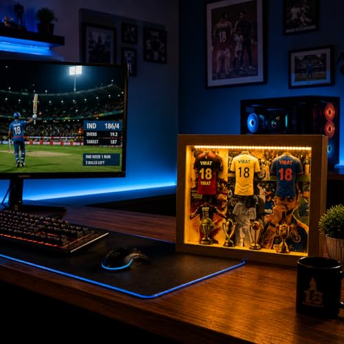 Image of #18 Cricket Jersey Shadow Box Frame with LED Light | RCB Cricket Fan Gift | Sports Display Box for Gaming Room & Bedroom Decor | Cricket Gifts for Men (Virat Kohli)