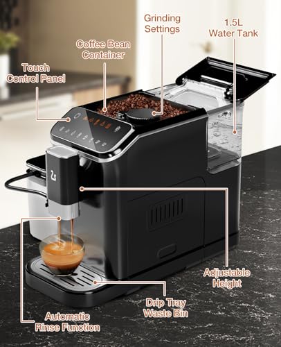 Image of Automatic Espresso Machine, One Touch Coffee Maker with Built-in Grinder and Milk Frother, 6 Individual Recipes, 1.5L Water Tank, Automatic Self-Cleaning, 120V