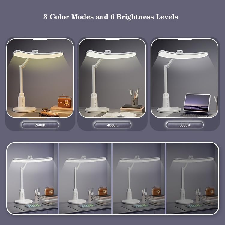 Lampe de bureau Lampe de bureau LED, lampe de bureau à commande tactile, 3 modes de couleur, 4 niveaux de luminosité, lampe de table de protection des yeux avec port de chargement USB, minuterie autom