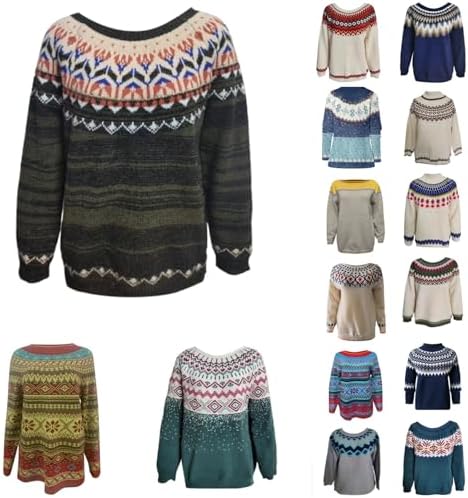 Women's Boho Knitted Fair Isle Print Retro Sweater Casual Loose Crewneck Long Sleeve Lightweight Colorblock Pullover Tops