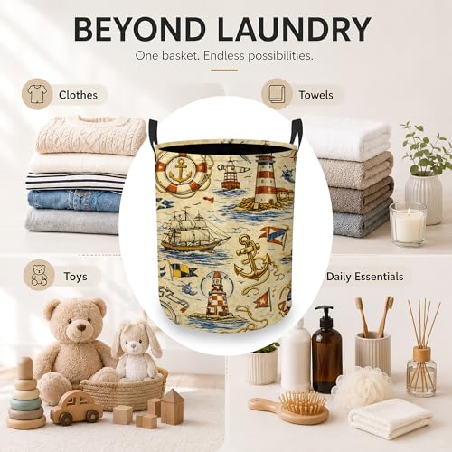 Image of Nautical Lighthouse Laundry Basket, Anchor Ship Collapsible Laundry Hamper Waterproof Oxford Cloth With Handles, Clothes Storage Bucket For Bathroom /Bedroom 16 inch x 20.8 inch