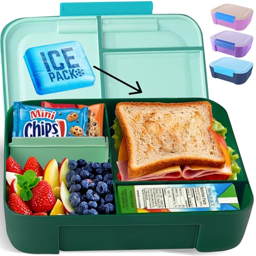 KARRICO Leakproof Lunch Box – 3-Compartment Bento Box, Cooler Pack & Adjustable Divider, Extra Large & BPA-Free – Dishwasher Safe, Ideal for On-the-Go Meals, Green