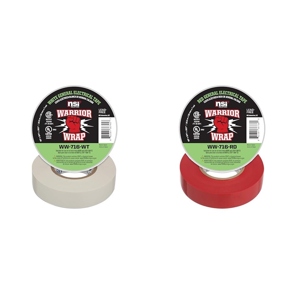 NSI WarriorWrap 7 mil Vinyl Electrical Tape Bundle - General White 3/4" x 60', Red 3/4" x 60'